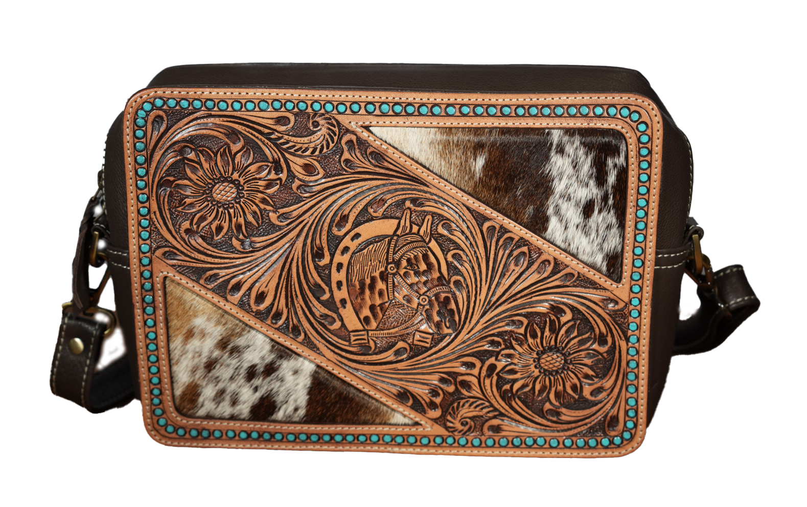 Tooled Leather Cowhide Bag with Horse Motif