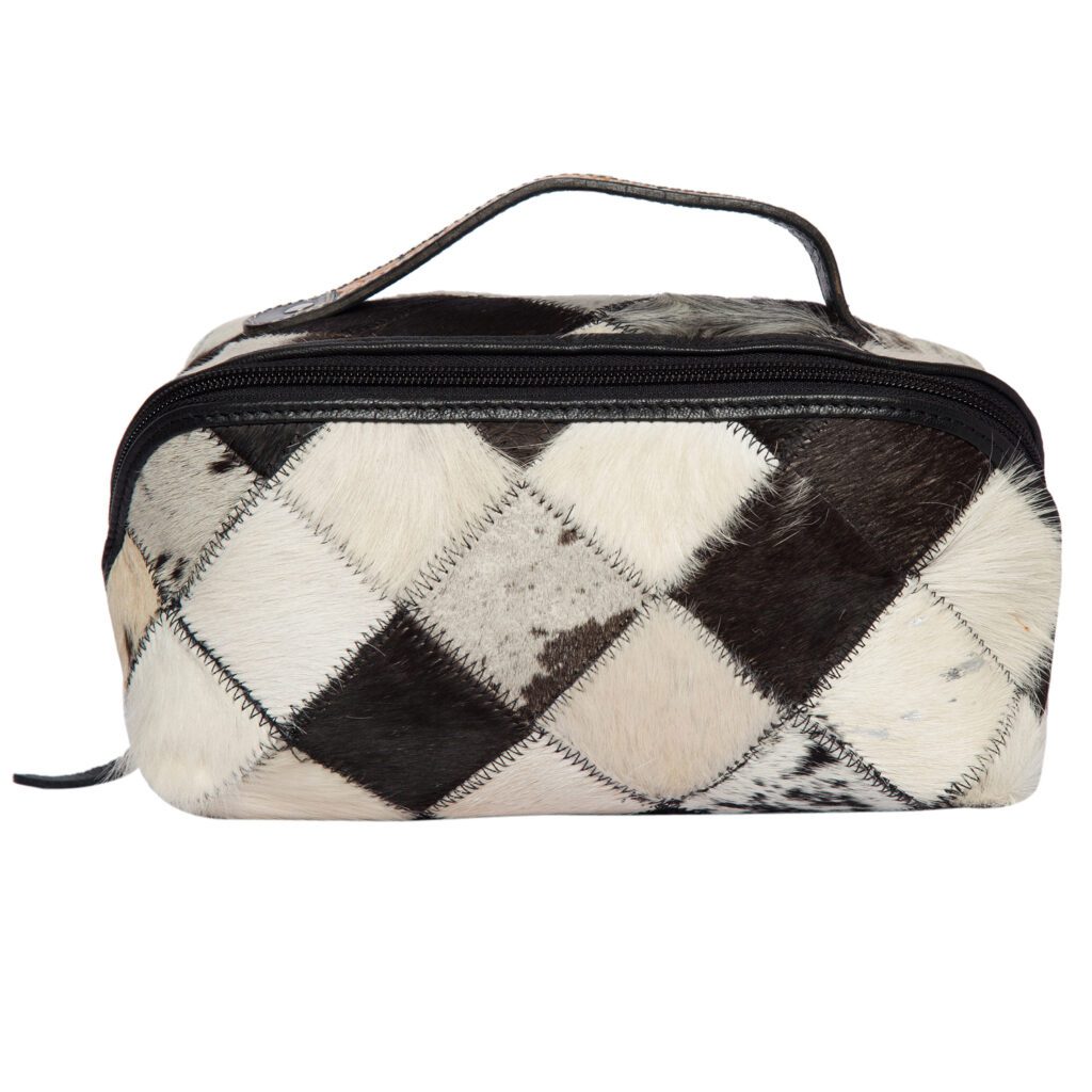Black and White Patchwork Cowhide and Tooling Leather Cosmetics Bag