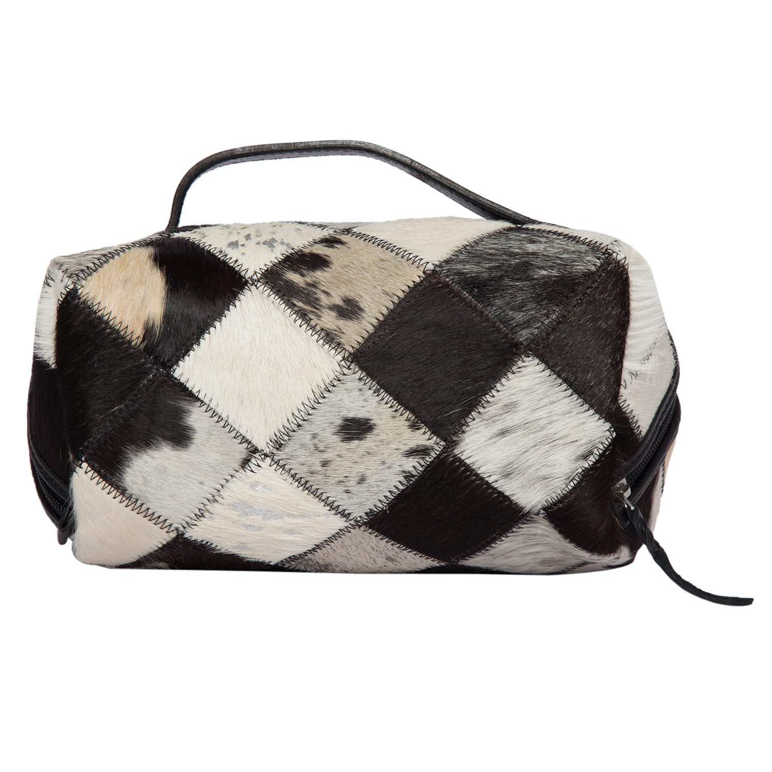 Black and White Patchwork Cowhide and Tooling Leather Cosmetics Bag