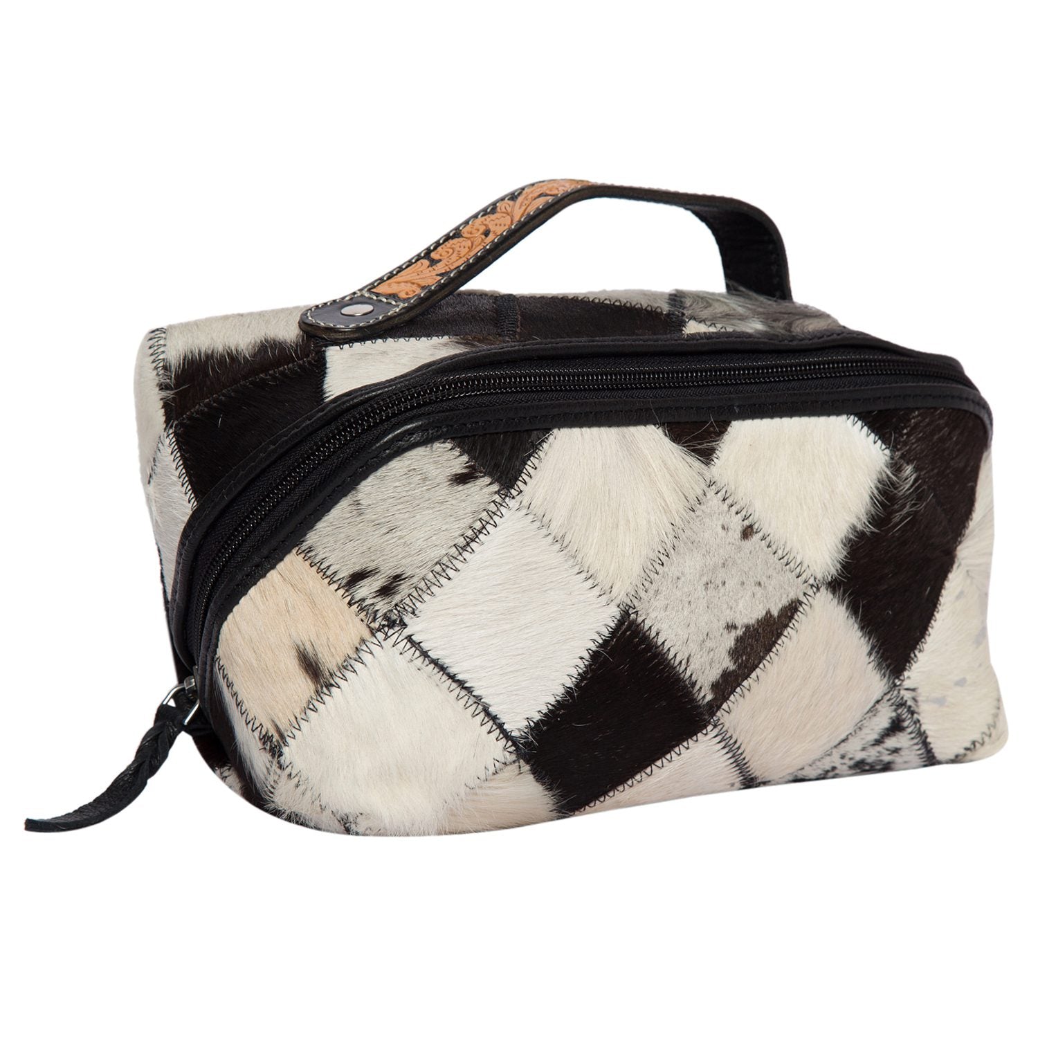 Black and White Patchwork Cowhide and Tooling Leather Cosmetics Bag