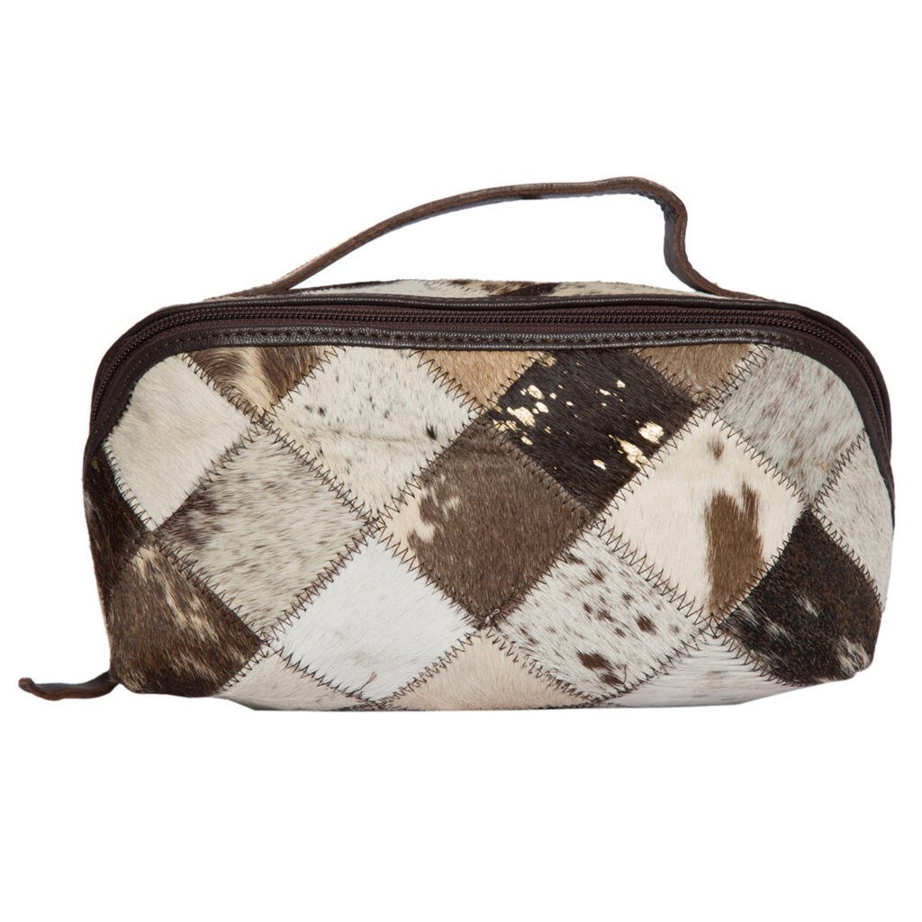 Brown and White Patchwork Cowhide and Tooling Leather Cosmetics Bag