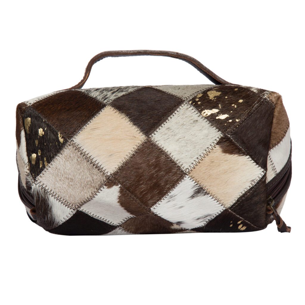 Brown and White Patchwork Cowhide and Tooling Leather Cosmetics Bag