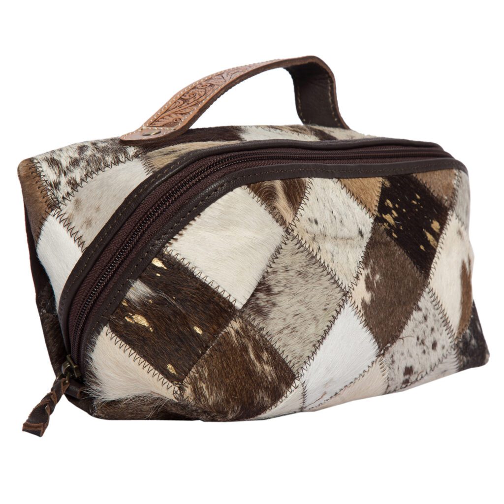 Brown and White Patchwork Cowhide and Tooling Leather Cosmetics Bag