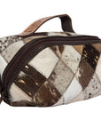 Brown and White Patchwork Cowhide and Tooling Leather Cosmetics Bag