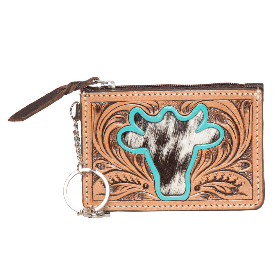 Bullhead Tooled Leather and Cowhide Key Card Case