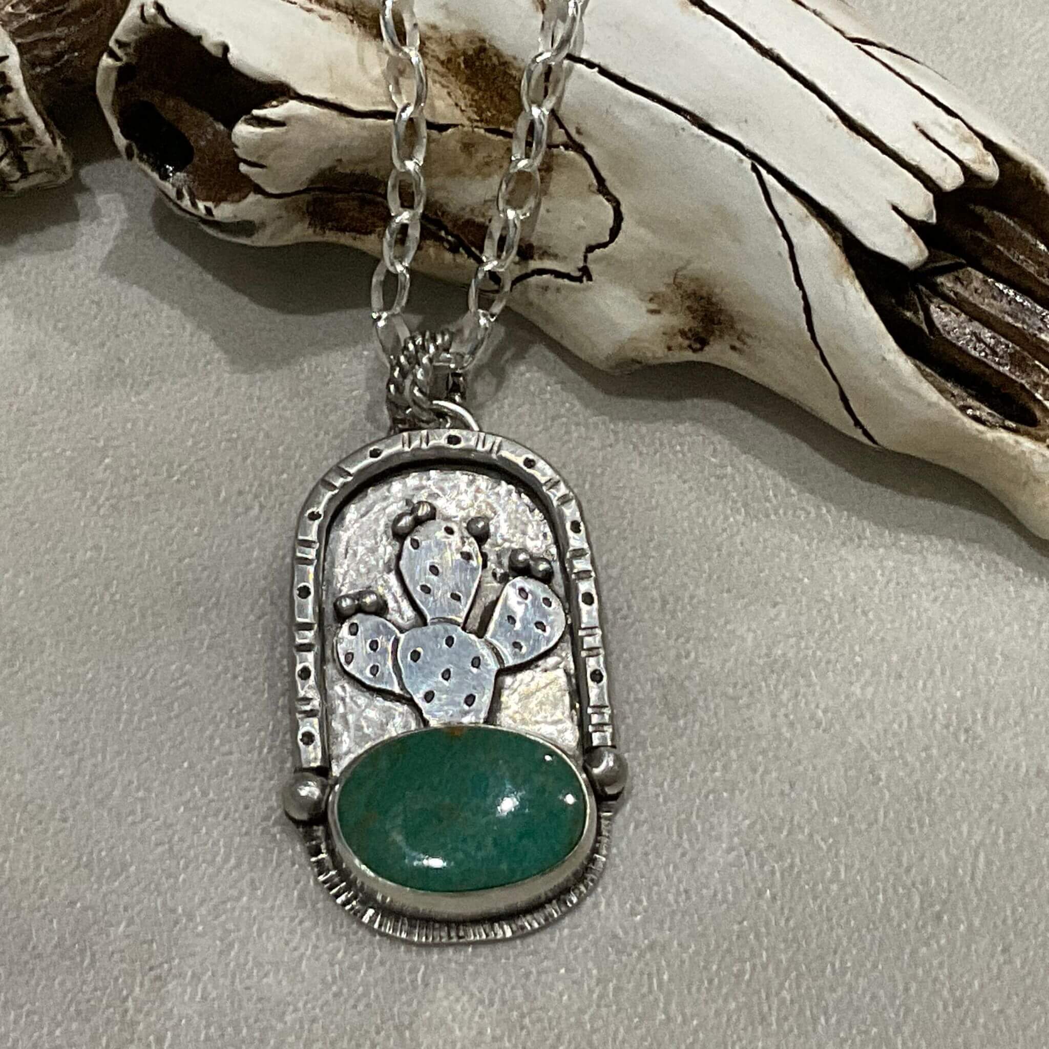 Sterling Silver Nopales and Turquoise Pendant Necklace rustik-d