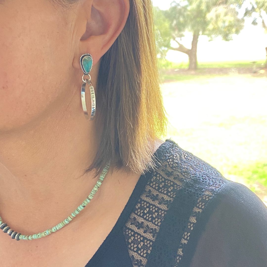 Turquoise and Stamped Western Hoop Earrings