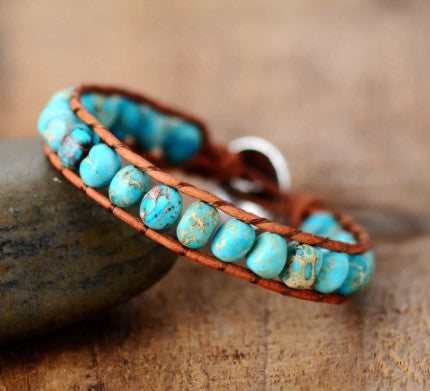 Leather and Jasper Flat Stone Bracelet