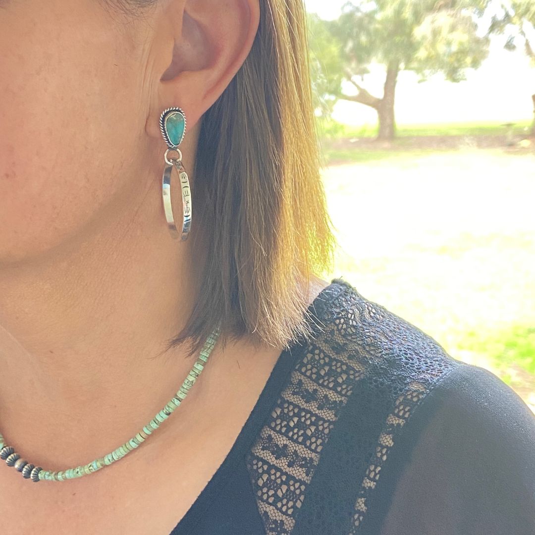 Turquoise and Stamped Western Hoop Earrings 