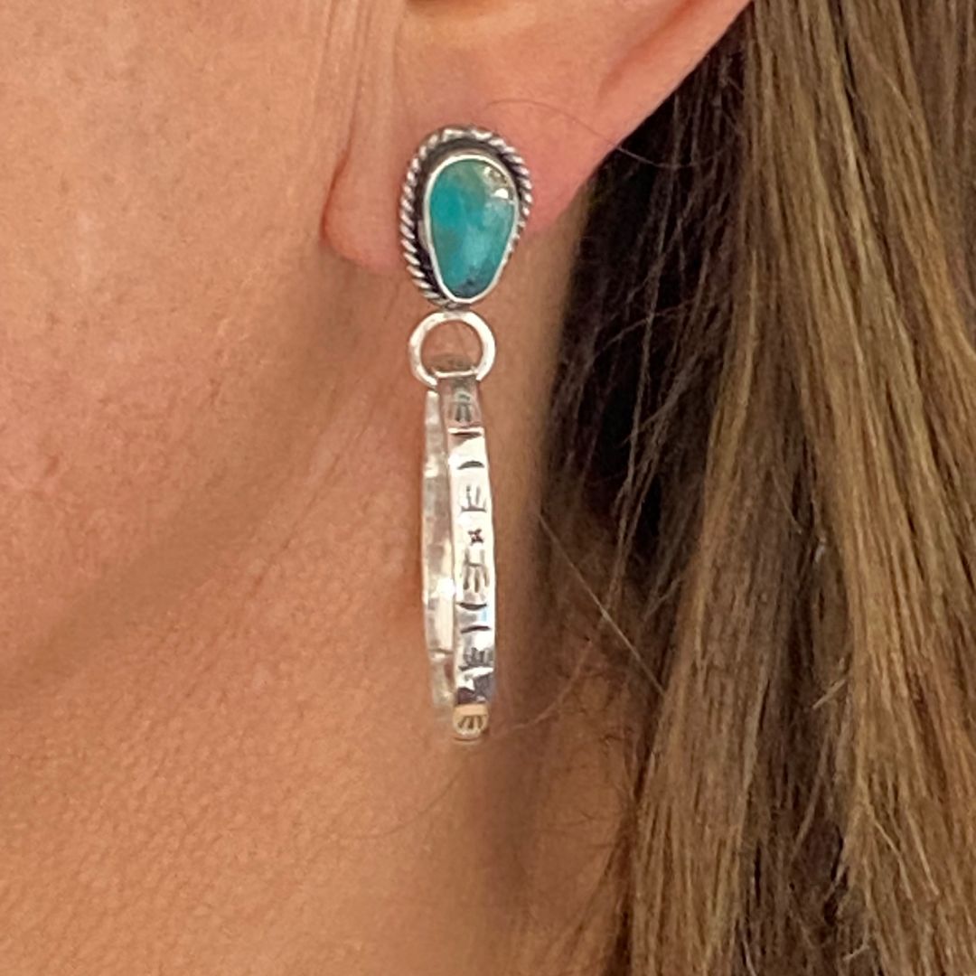 Turquoise and Stamped Western Hoop Earrings #2 Red Crown Designs