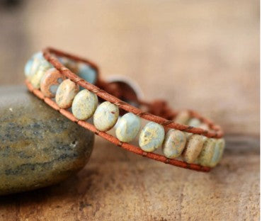 Leather and Jasper Flat Stone Bracelet Rustik-D