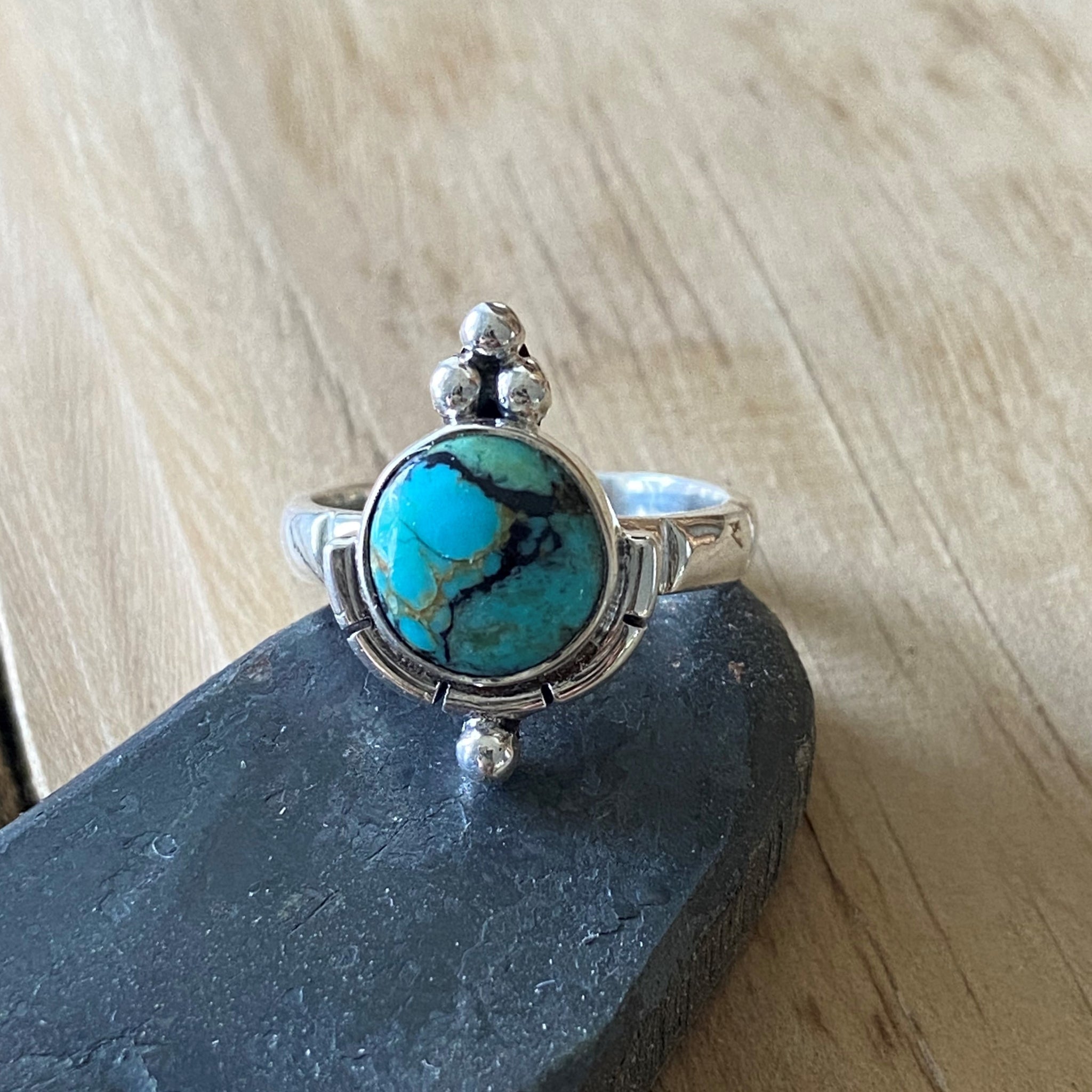 Lucky Charm Tibetan Turquoise Ring - Size 5 front view