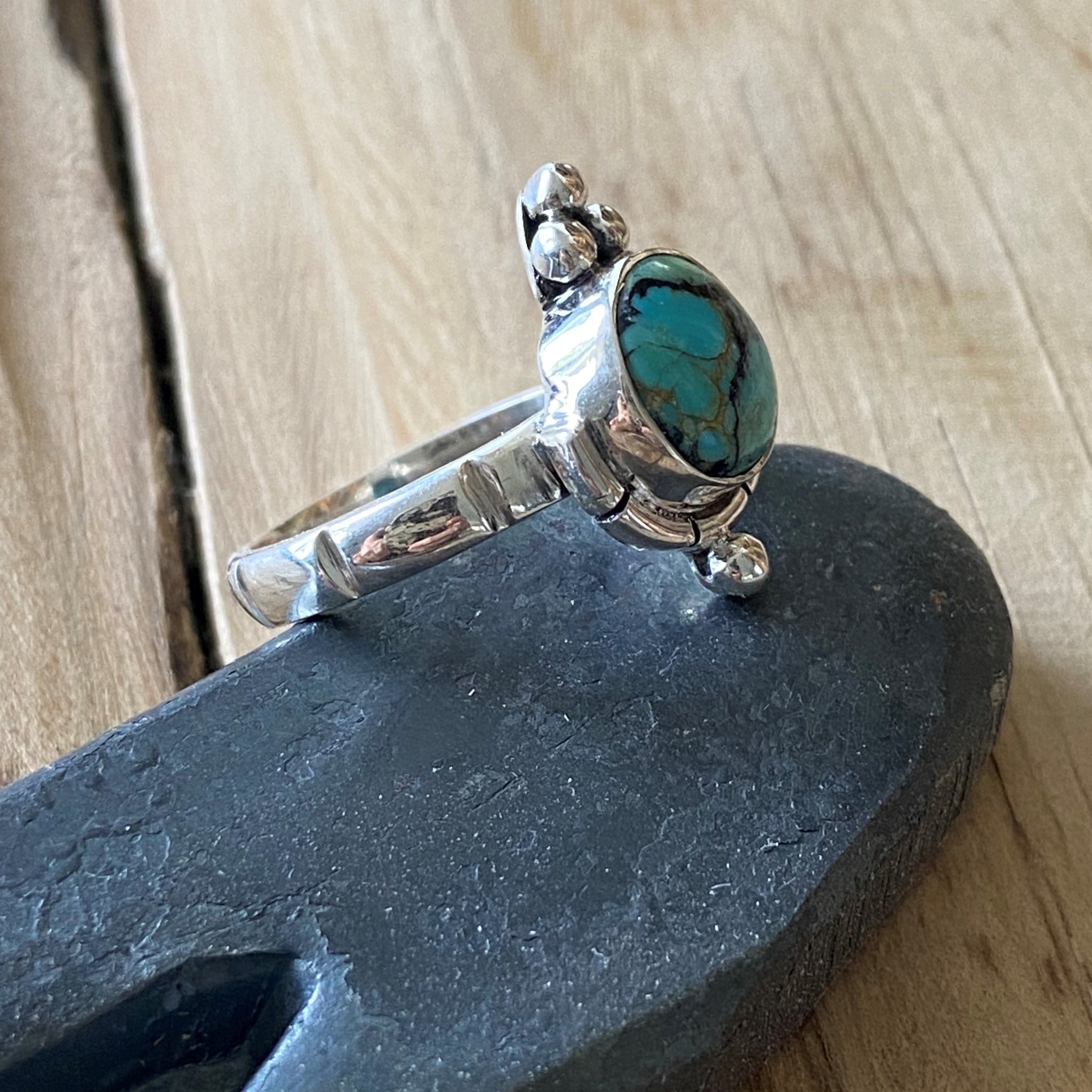 Lucky Charm Tibetan Turquoise Ring - Size 5 side view 1